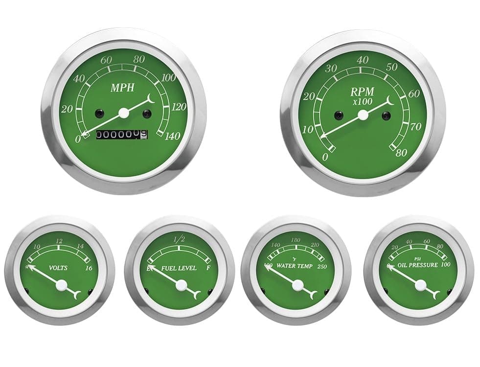 MOTOR METER RACING Classic 6 Gauge Set with Mechanical Speedometer Analog Odometer Green Dial White Needle Light Bulb Illumination 85mm 338 52mm 2116