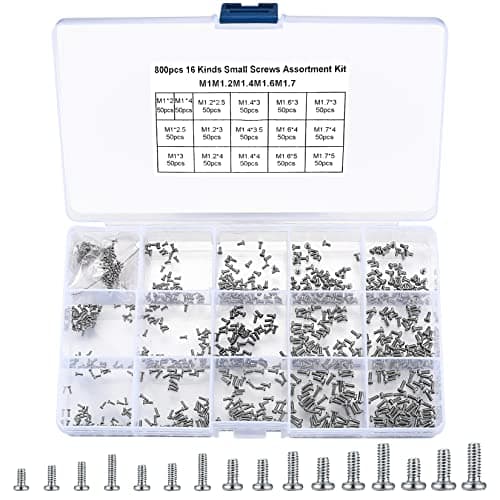 woshilaoDS 800Pcs Tiny Screws for Electronics, Micro Small Pan Head Machine Screws Assortment Kit for Eyeglasses, Watches, Clocks, Mobile Phone, M1/M1.2/M1.4/M1.6/M1.7 (800)
