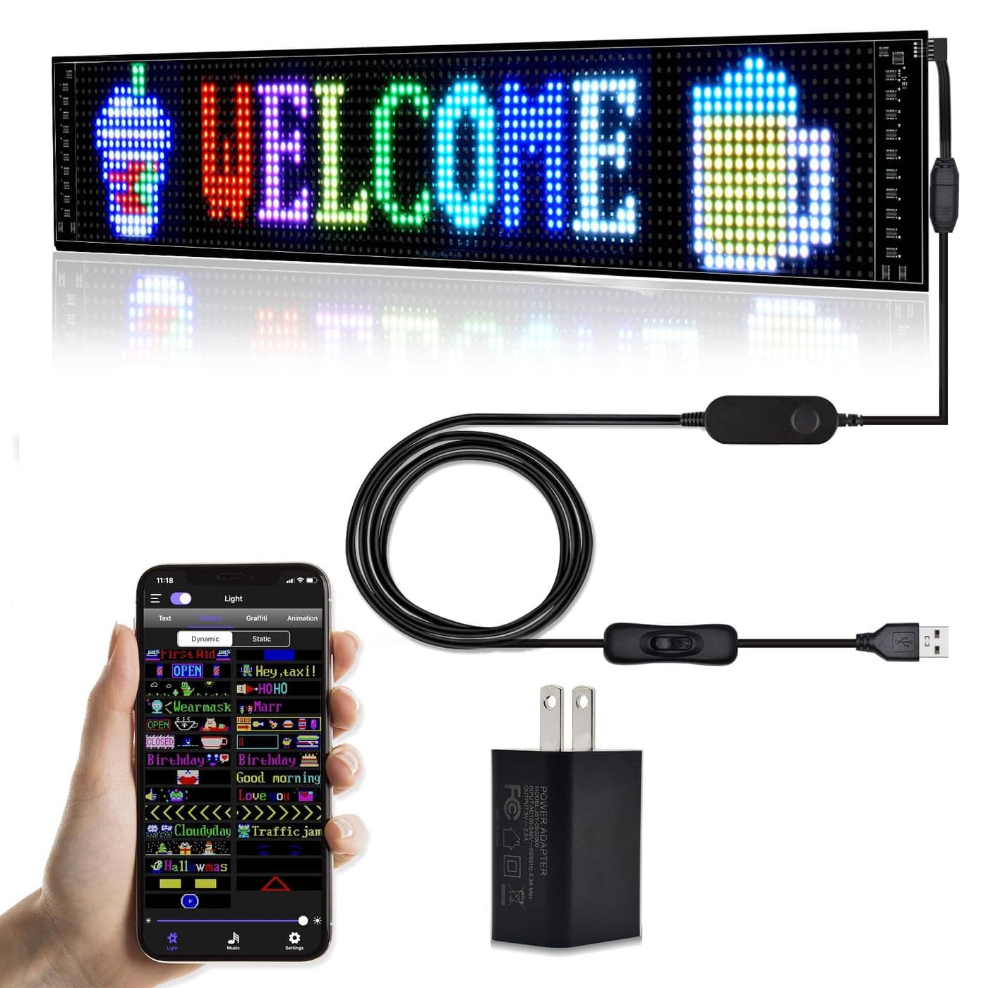 XIAOOHO Programmable LED Sign Scrolling LED Sign for Business Store Signs Automotive Bluetooth APP Control Custom Display with Text Graffiti Animations