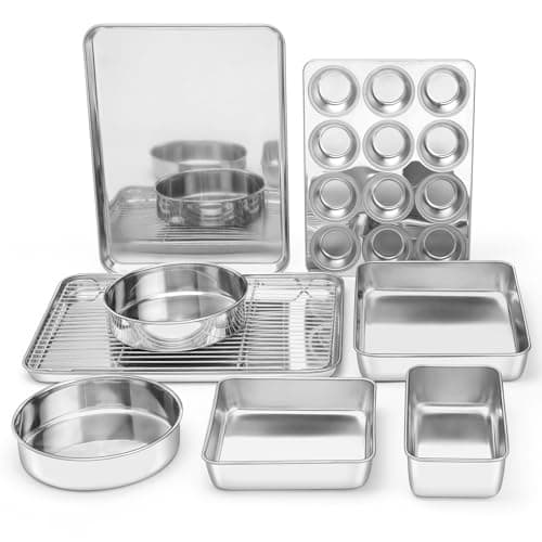 Efar 9Piece Baking Pan Set Stainless Steel Bakeware Sets for Sheet Cake Cookie Loaf Muffin Include Baking Sheet Round Square Rectangle Baking Pan Cooling Rack Dishwasher Safe