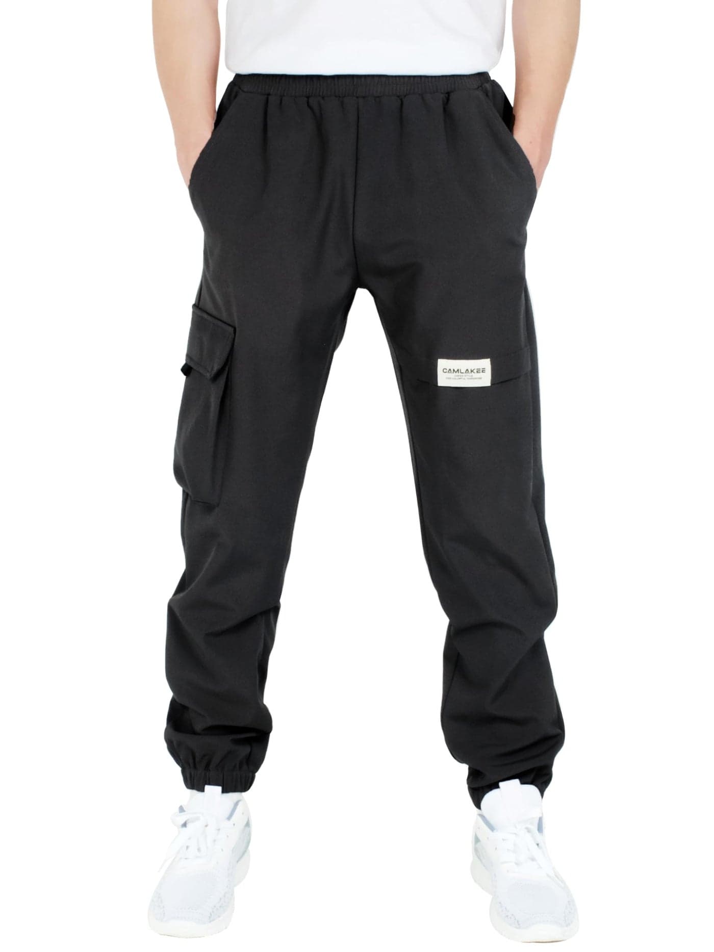 CAMLAKEE Boys' Cargo Joggers Pants Kids Elastic Waist Water Resistant Youth Outdoor Hiking Pants Black 12-13 Years Size 160
