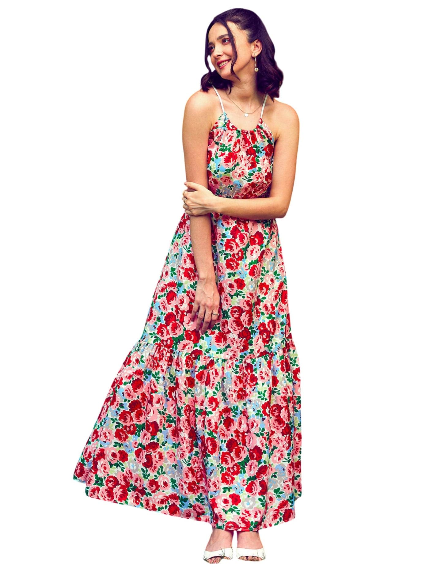 Sassafras Women's Red Floral Backless Maxi Dress-S