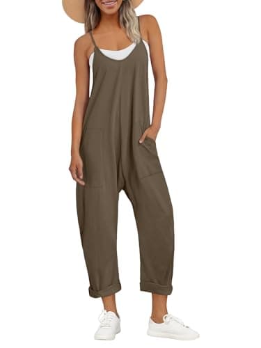 AUTOMET Jumpsuits for Women Casual Summer Outfits Rompers Comfy Beach Vacation Trendy Overalls Jumpers Fashion Clothes 2025 KhakiBrown S