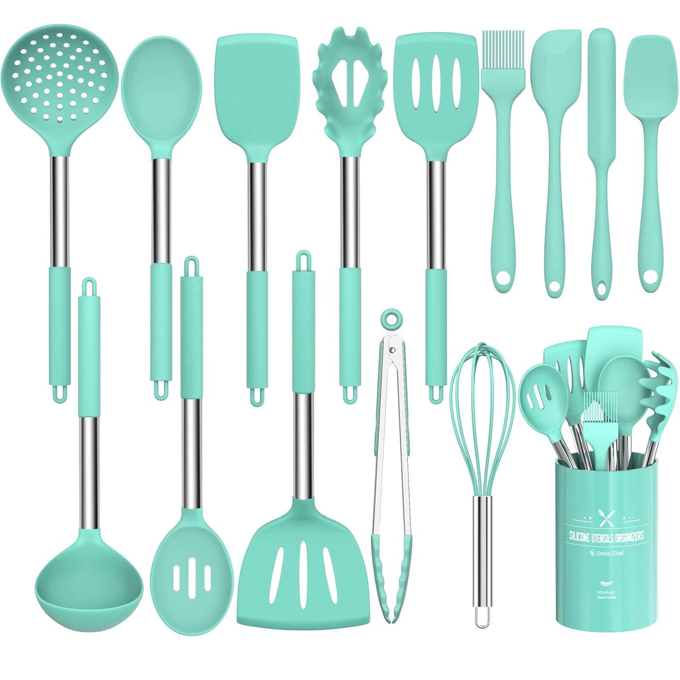 Silicone Cooking Utensil Set Umite Chef 15pcs Silicone Cooking Kitchen Utensils Set Nonstick Best Kitchen Cookware with Stainless Steel Handle Green