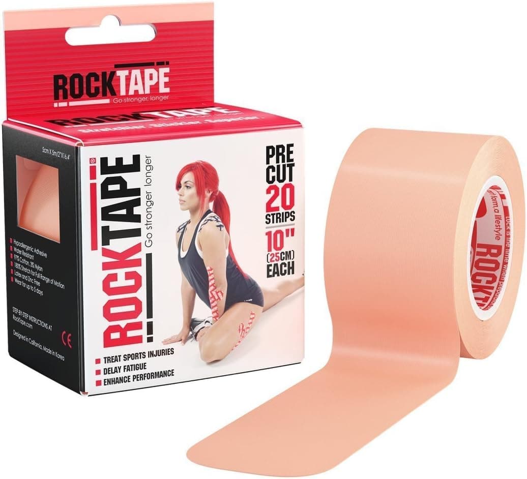 RockTape Kinesiology Tape Precut Strips for ATHLETES Water Resistant Reduce Pain Injury Recovery 5cm x 5M Beige