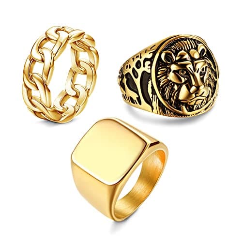 HANPABUM 3Pcs 14K Gold Plated Rings for Men Women Chunky Cuban Link Ring, Size 9