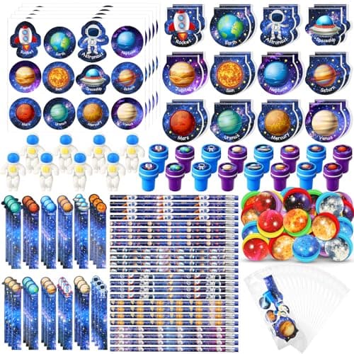 Cholemy 192 Pcs Space Party Favors Space Theme Supplies Outer Astronaut Stationery Set Notebook Bouncy Ball Sticker Stamper Eraser Ruler Pencil Bag for Galaxy Birthday Gift Classroom Prize