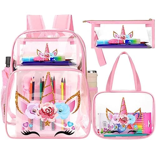 Kacctyen 3 Pcs Clear Backpack for Boys Girls Kids School Heavy Duty Clear Stadium Bag Transparent Backpack with Lunch BagPinkUnicorn