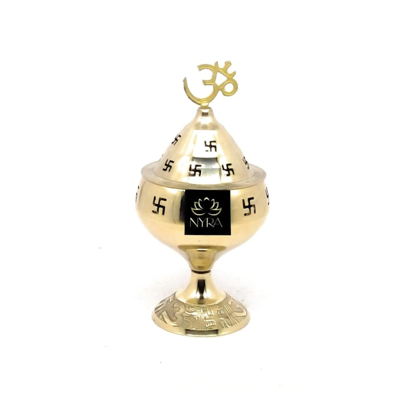 Nyra Brass Akhand Diya with Dome Cover Swastik Design and Om Symbol Traditional Oil Lamp for Pooja Festivals and Home Temple Decoration