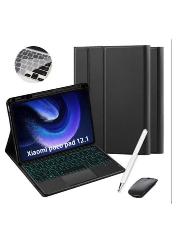 Touch Backlit Keyboard Case Compatible with Xiaomi Poco Pad 12.1 Tablet Detachable Backlight Keyboard with Any-Angle Kickstand Case with Pen Slot Stylus Mouse