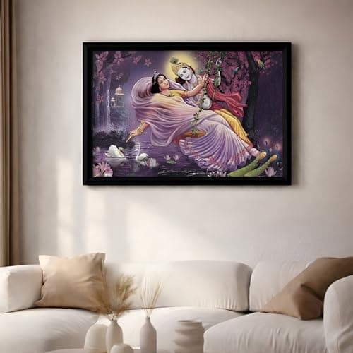 LIFEHAXTORE® Beautiful Swinging Radha Krishna Art Framed Painting | Ready to Hang (Wooden frame, 12inch x 18 inch)