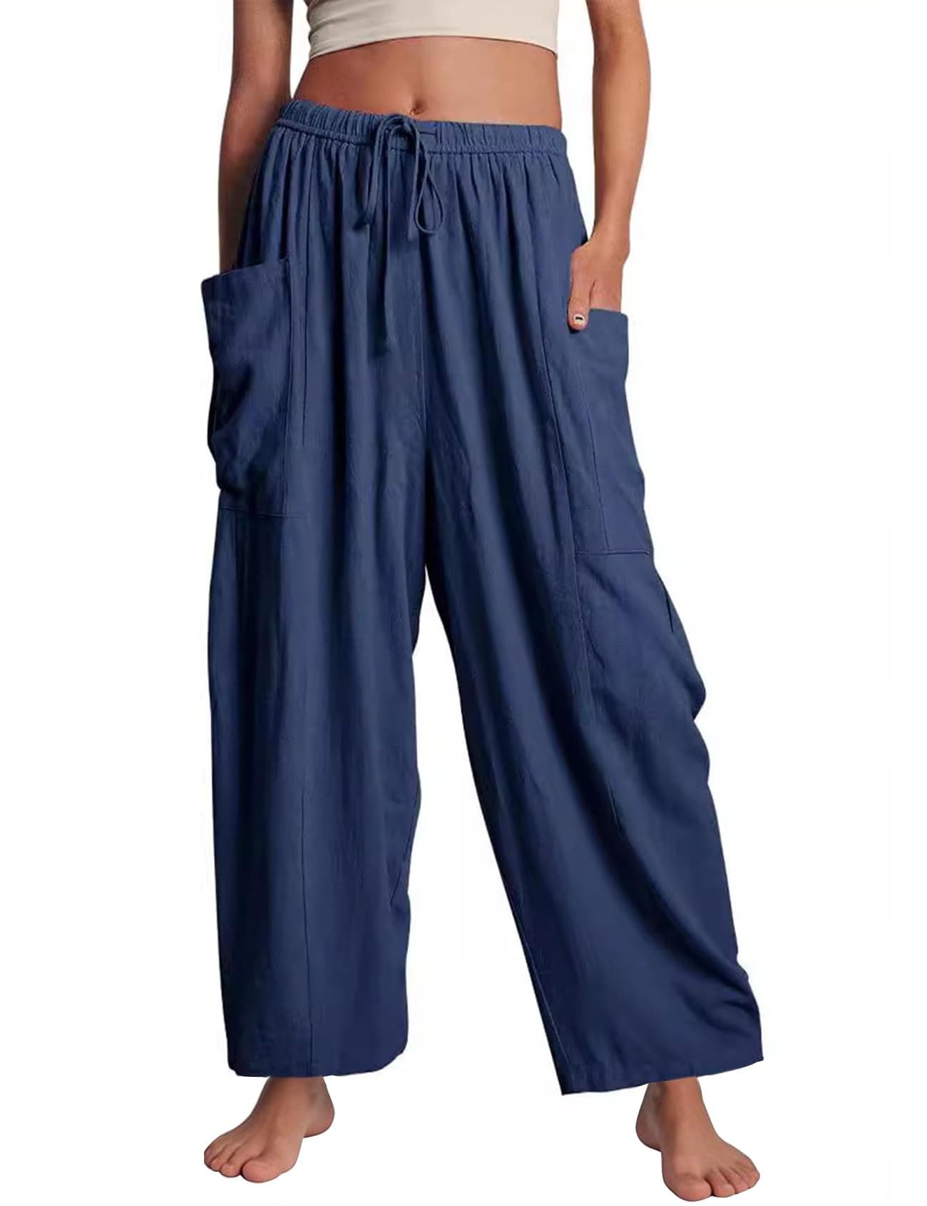 Flygo Women Wide Leg Pants Summer Beach Flowy Palazzo Trousers High Waisted Drawstring Casual Loose Harem Pants with Pockets(NavyBlue M)
