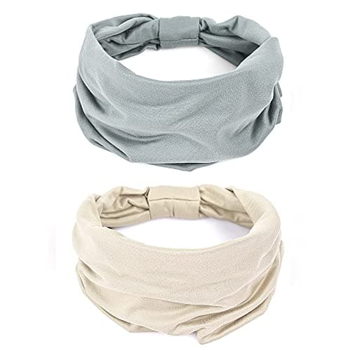 GILI 2 Pack Wide Headbands for Women Boho African Knotted Non Slip Fashion Hair Bands Yoga Running Sports Workout Gym Head Wraps Elastic Soft Cotton Cloth Turbans Bandana for GirlsLight Grey Skin