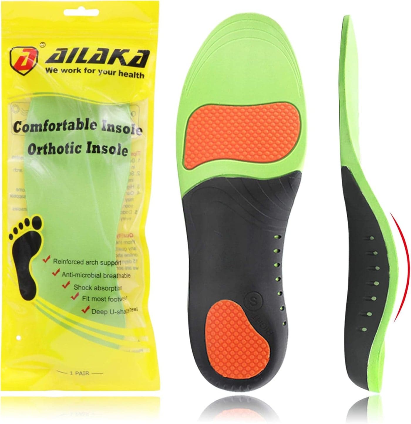 Ailaka Orthotic Cushion Arch Support Shoe Insoles for Men & Women, Unisex Daily Shock Absorption Gel Sports Inserts for Flat Feet, Plantar Fasciitis, Heel Pain Relief
