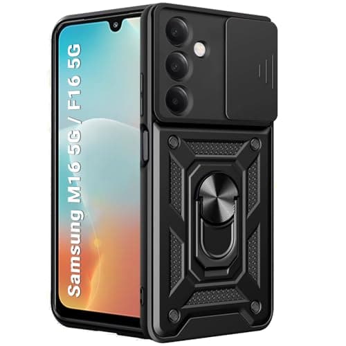 TheGiftKart Tough Armor Bumper Back Cover Case for Samsung Galaxy M16 5G / F16 5G | Sliding Camera Cover, KickStand & Ring Holder | 360° Protection Back Case for Samsung M16 / F16 5G (PC & TPU, Black)