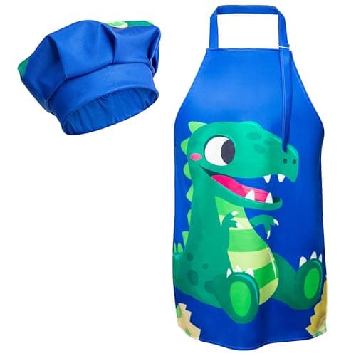 R HORSE 2 Pcs Kids Aprons Chef Hat Sets Adjustable Blue Cute Dinosaur Kitchen Aprons Cooking Baking Painting and Training Kits Dress up Role Play Chef Toy Kid Funny Cooking Gift New Year35 Years