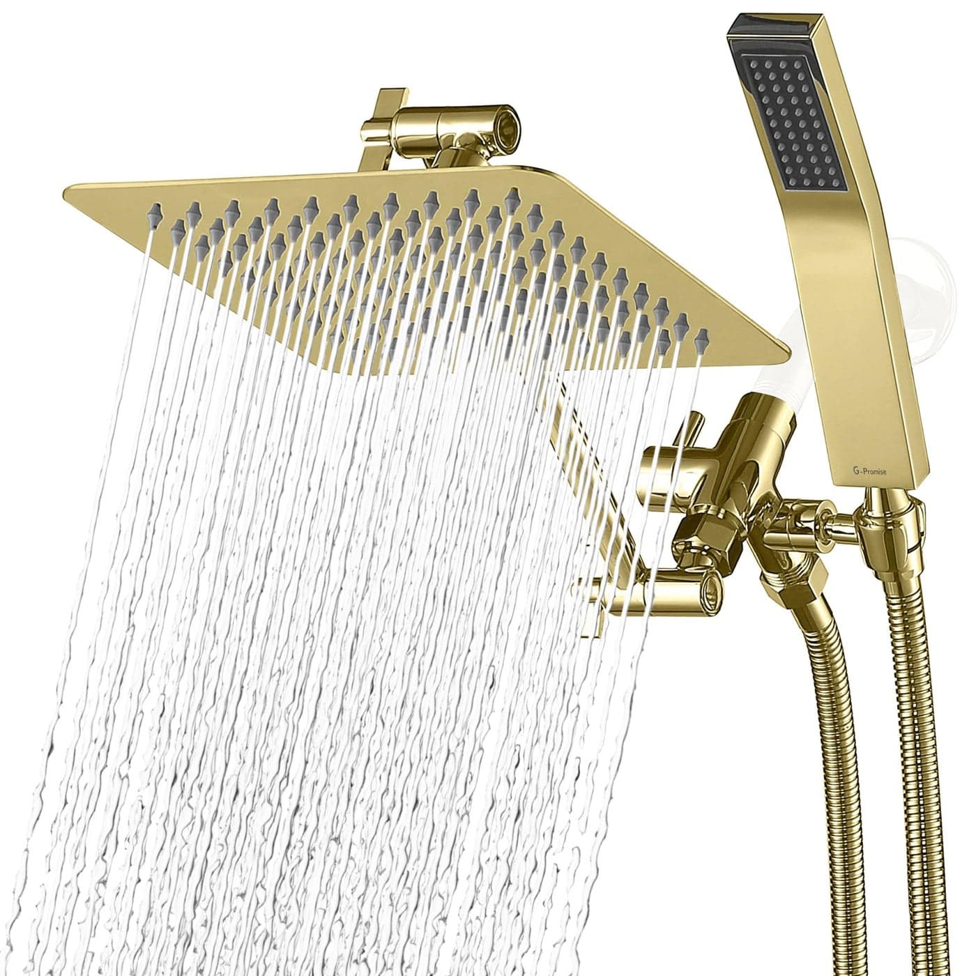 GPromise All Metal 8 Inch Dual Square Shower Head with Handheld Spray Combo Rain Shower Head Adjustable Extension Arm 3Way Diverter 71 Inch Extra Long Hose A Bathroom Upgrade Polished Brass