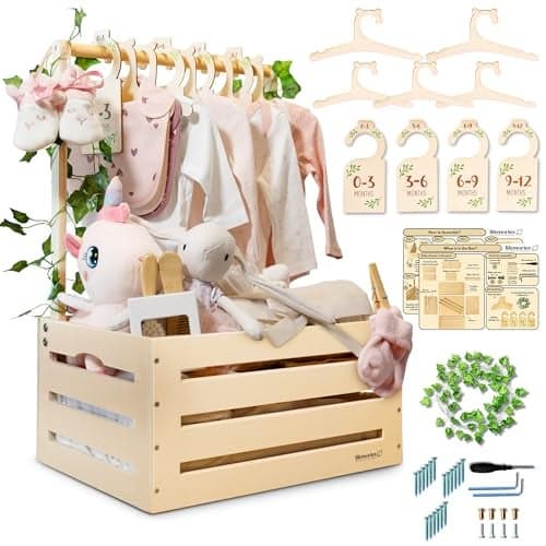 Lifemories Wooden Baby Shower Crate Closet with Clothes Hangers Dividers Large Gift Basket for Boys Girls Wood Box Storage Display with Handles Ivy Garland Welcome Gifts for New Parents