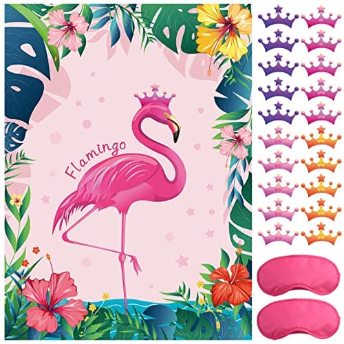 ASTARON Pin The Crown on The Flamingo Flamingo Theme Party Game with 24 Crown Stickers for Birthday Party and Hawaiian Luau Tiki Party Supplies