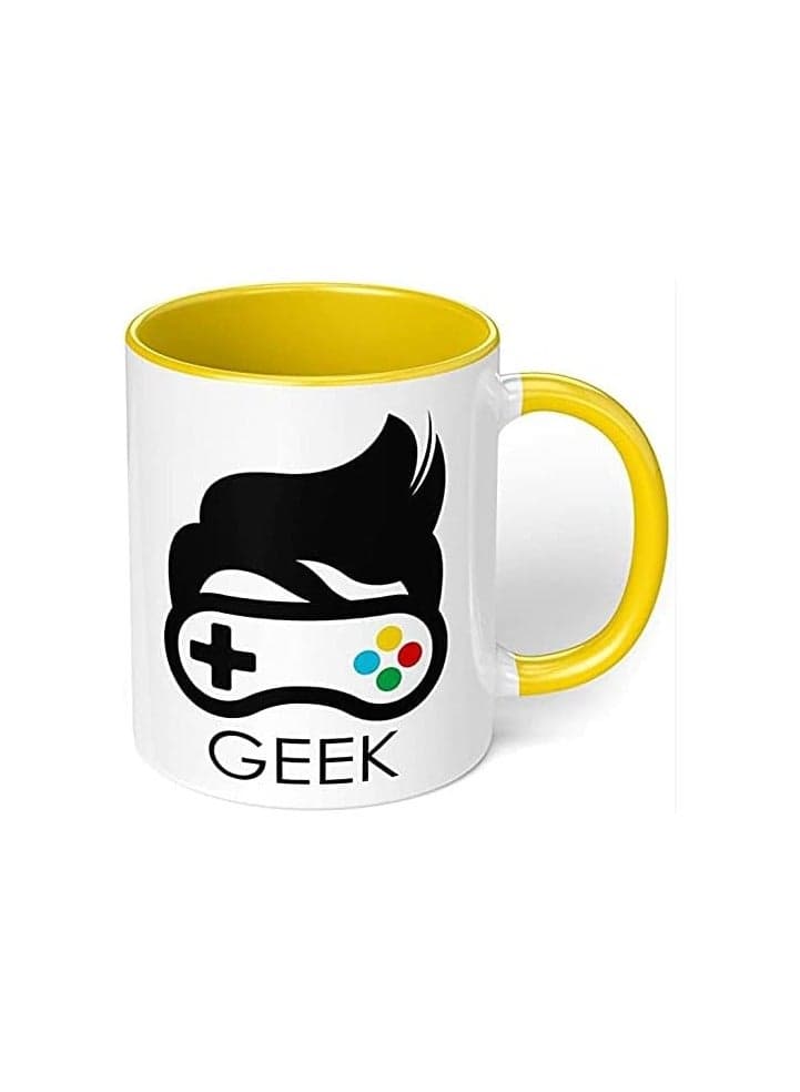 1 Mug-"Geek Mug" Mug For Geeks-Perfect For Your Cuppa Coffee,Tea,Karak,Milk,Cocoa Or Whatever Hot Or Cold Beverage You Drink!-Yellow Handle & Inside Colour