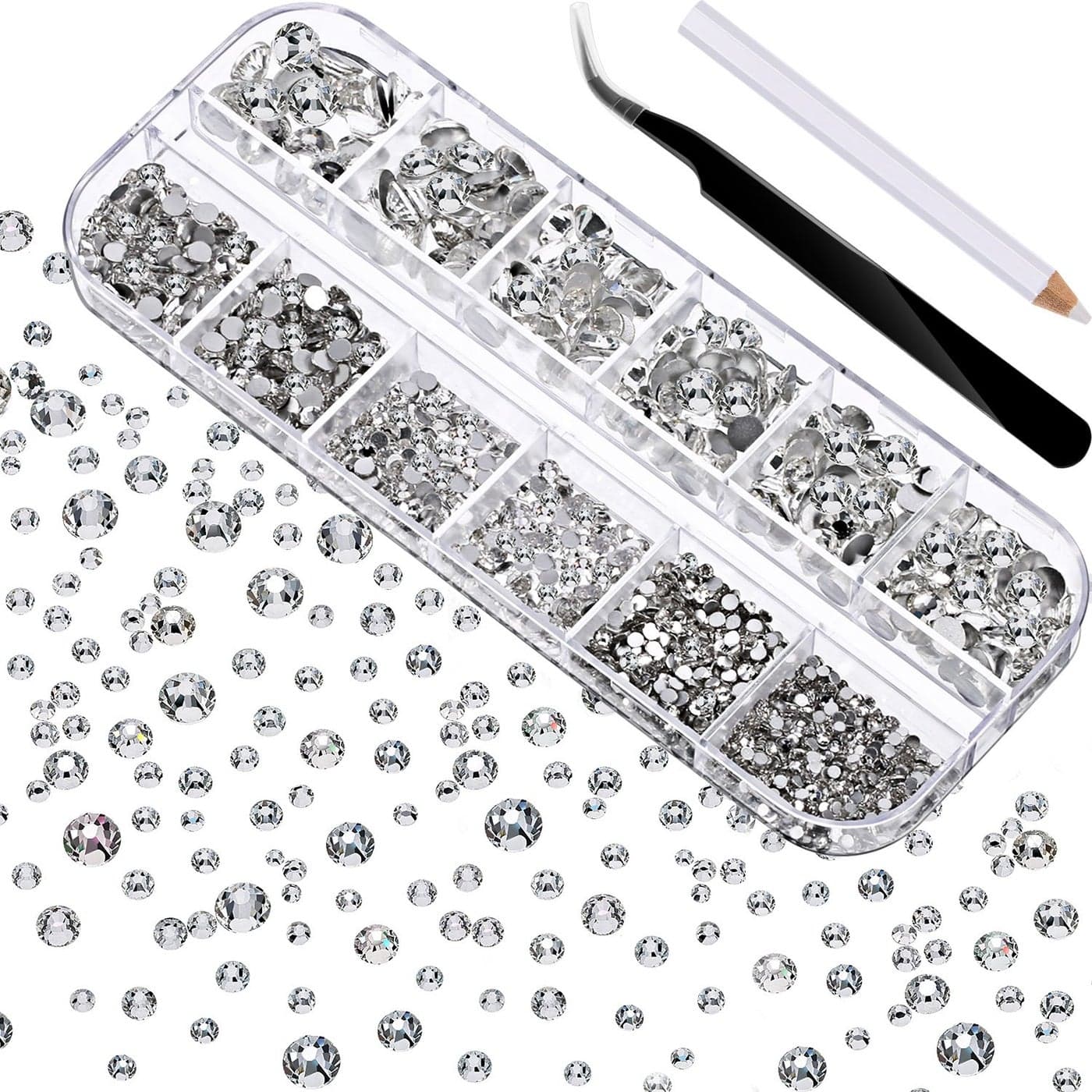 2000 Pieces Flat Back Gems Rhinestones 6 Sizes 156 Mm Round Crystal with Pick up Tweezer and Rhinestones Picking Pen for Crafts Nail Clothes Shoes Bags DIY Art Clear