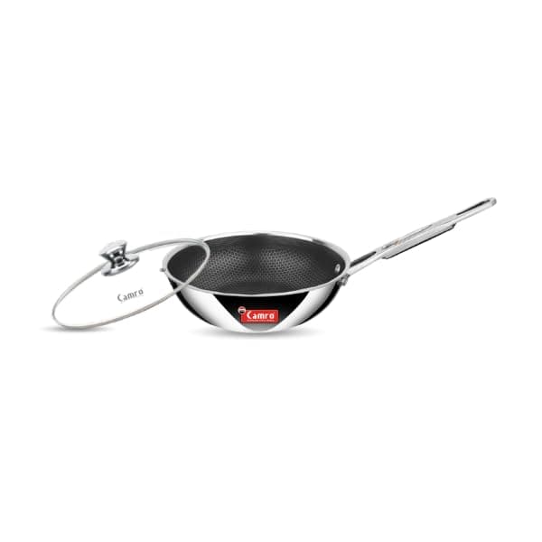 Camro Triply Honeycomb Fry Pan with Glass Lid 1.7 Liters, 20cm | FryPan Steel Stainless Induction Base | Fryer Cookwear Frying | Gas Induction Stovetop, Friendly Compatible