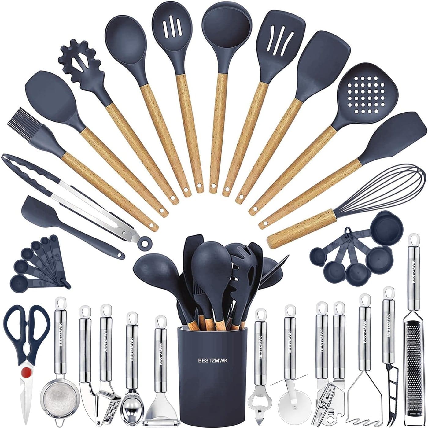 Cooking Utensils Set 35 PCs Kitchen Utensils with GraterTongs Spoon Spatula Turner Made of Heat Resistant Food Grade Silicone and Wooden Handles Kitchen Gadgets Tools Set for Cookware