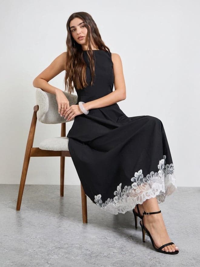 Styli Black Lace Hem Sleeveless A-Line Maxi Dress