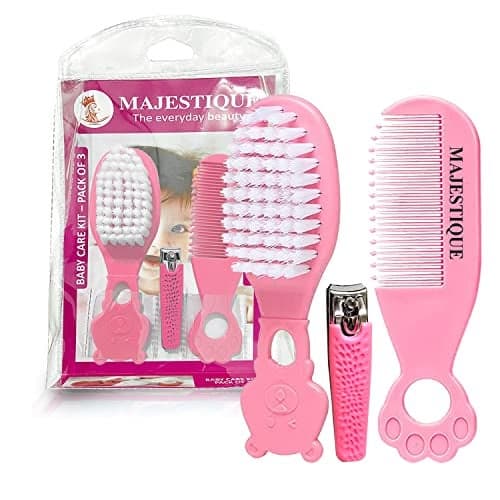 Majestique Baby Hair Brush, Comb and Nail Cutter Set for Newborns & Toddlers - Natural Soft Bristles, Gently Grooms Baby's Hair, Ideal for Baby Grooming Set, Perfect Baby Gift - 3Pcs/Pink