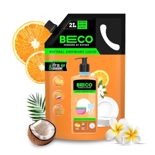 Beco Natural Dishwasher Liquid Refill | 2L Pack | Anti-Bacterial Formula | Orange Citrus Freshness | Ecofriendly Dish Washing Liquid Gel | Tough Grease Removal | Leaves No Residue on Utensils