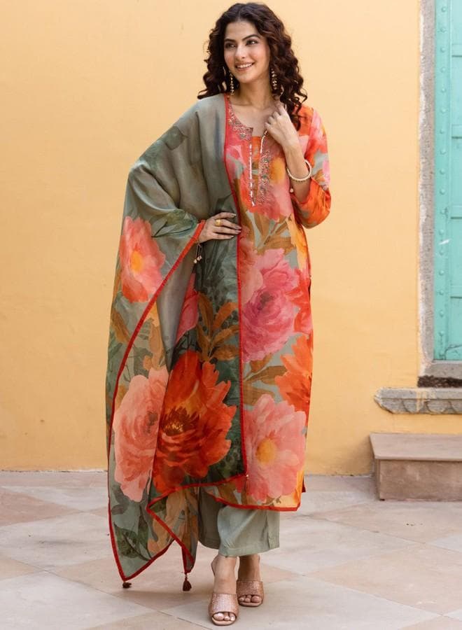 Women'S Multicolour Rayon Embroidered Tunic Full Length Palazzo Straight Fit Kurta Set