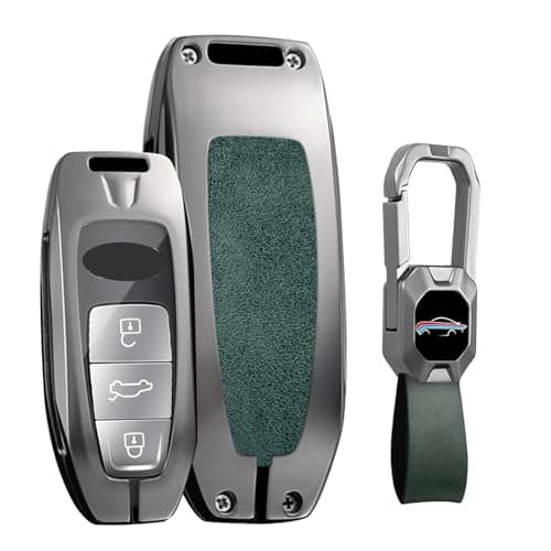 KUNIO Car Key Fob Cover Case Fit for Audi A3 A6 A6L A7 A8 2023 2024 2025 E-tron Q8 S8 Leather Key Shell Keychain Zinc Alloy Key Holder Car Accessories Green-Type A