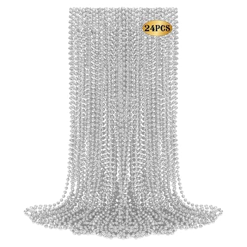 Huskein 24 PCS Silver Beads Necklaces Christmas Beaded Necklaces 33 Round Xmas Beaded Mardi Gras Parade Accessories for Festive Event Carnival Party Supplies Masquerade