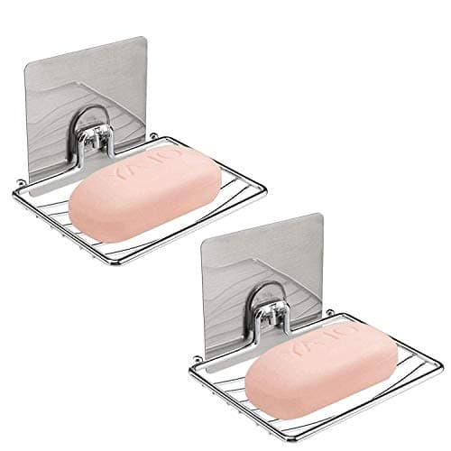 Luvina Magic Sticker Soap Dish Holder,Self Adhesive Wall Mounted Soap Sponge Holder Stainless Steel Storage Saver Rack for Home Kitchen Bathroom Shower (Soap Dish Holder) Silver (2)