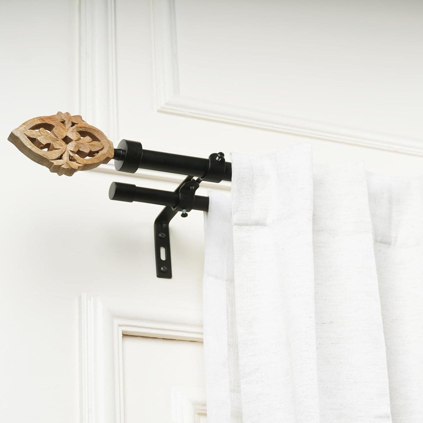 Window Casa 2848 Adjustable Double Curtain Rod For Door Windows With Brackets Set Curtains Hanging Extendable Iron Metal Pipe Holder With Brown Baroque Wood Finial Black 075 Diameter
