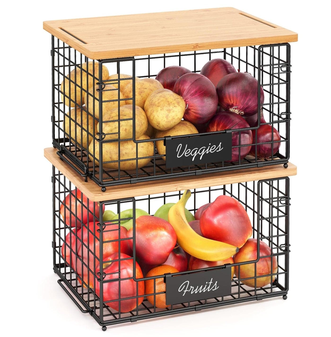 2 Pack Stackable Wire Baskets with Bamboo Top for Pantry Organizers and Storage XXL Kitchen Organization Counter Basket for Fruit Vegetable Produce Bread Potato and Onion Storage Bins