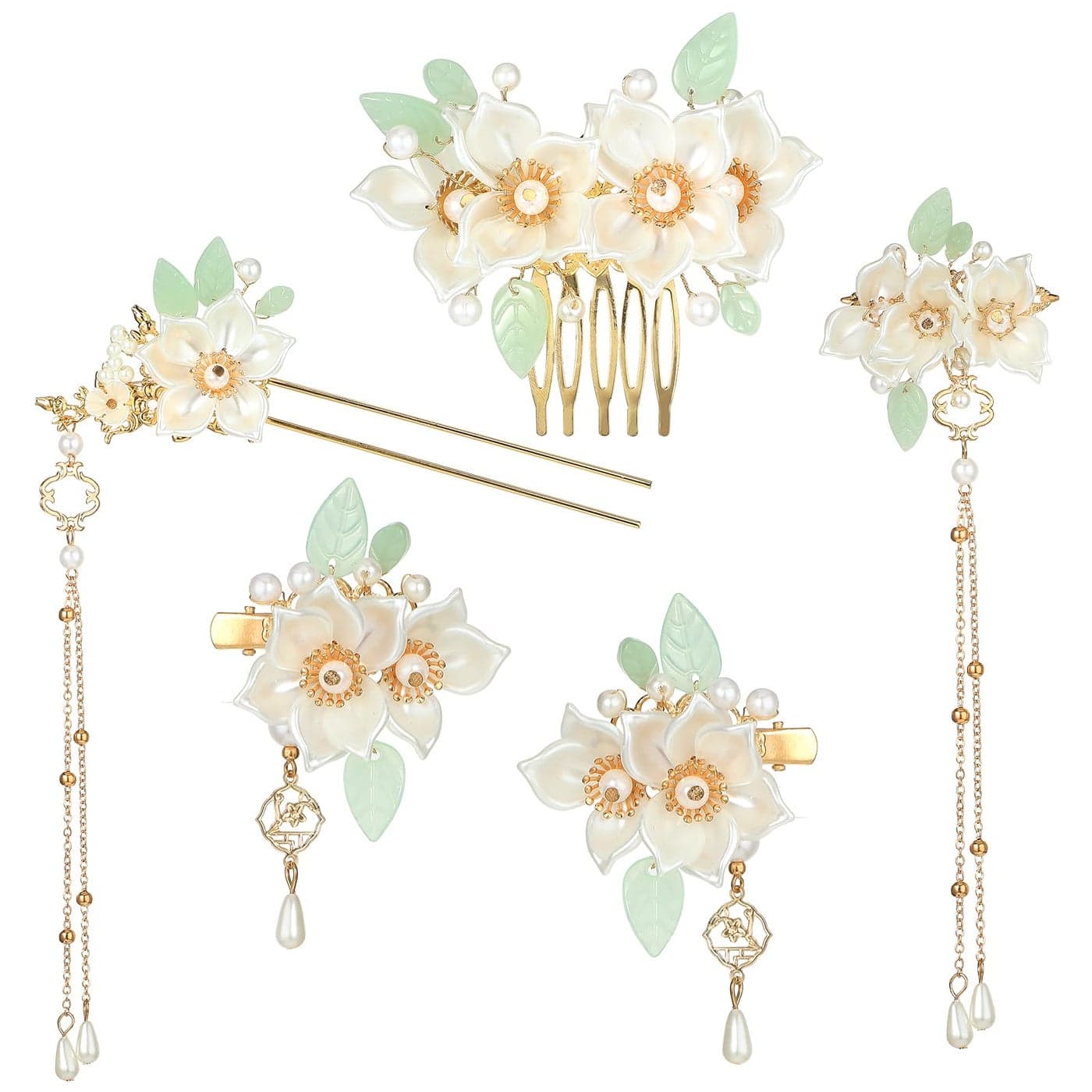 Amabro Chinese Hanfu Flower Hairpin Set 5 PCS Floral Retro Chinese Tassel Headpiece Traditional Chinese Hanfu Brides Hair Accessories for Hairstyle Daily Wear Party Banquets Dating WeddingsCamellia