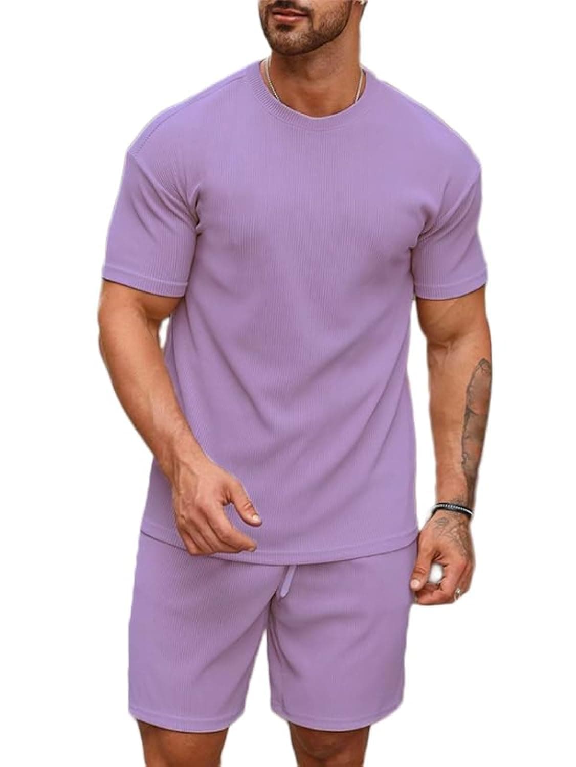 SMOWKLY Men's Premium Hosiery Cotton Blend Pyjama Set || Stylish Round Neck T-Shirt and Shorts || Casual Night Suit Wear Set for Man (1164_MTNS_LVNDR_S)