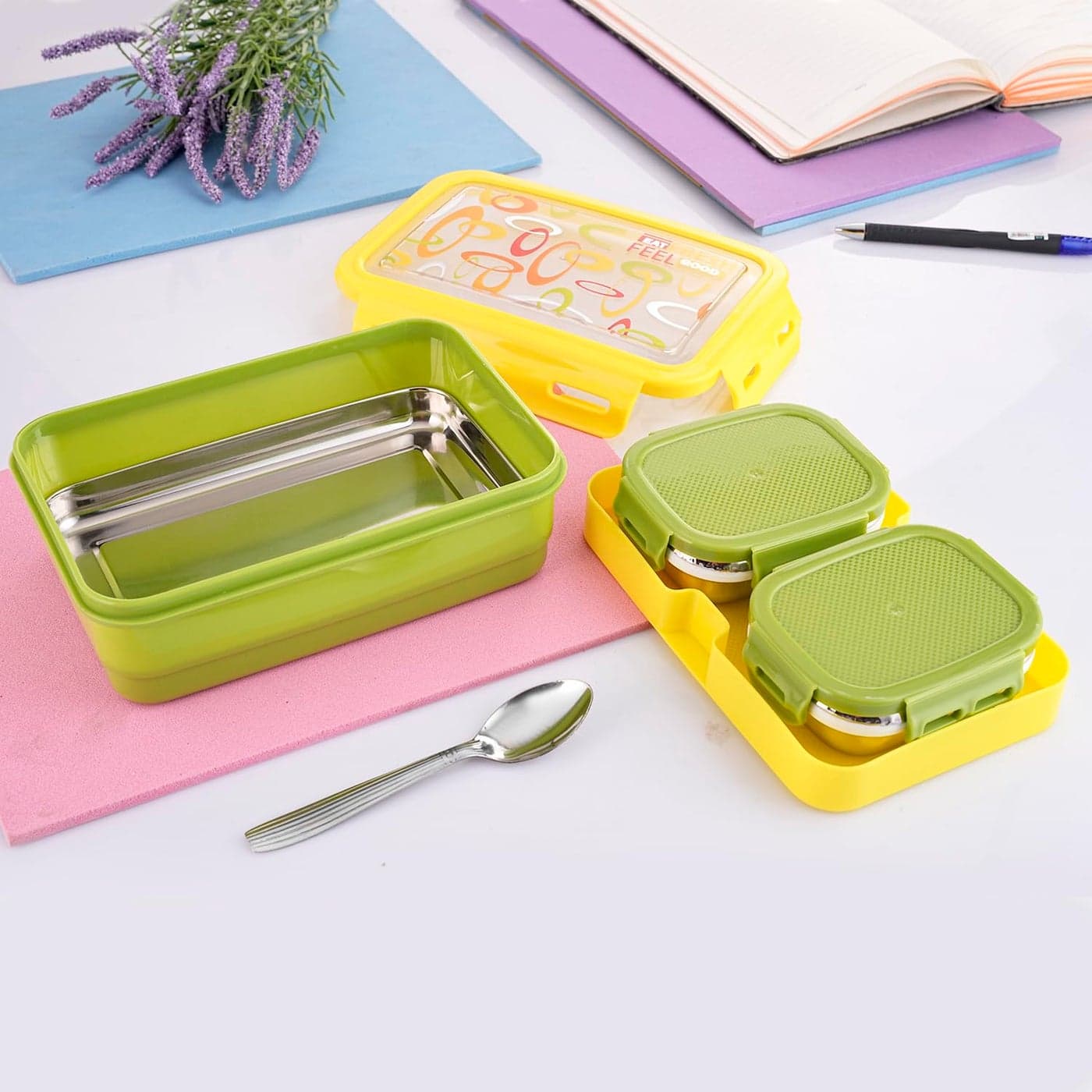 Zerya Stainless Steel Airtight LeakProof Snacks Tiffin Box for Kids Lunch Box 1 Bottom with Lid 1 Steel Plate 2 SS Small Katori 1 SS Spoon Lunch Box for School Office 1100ML Green
