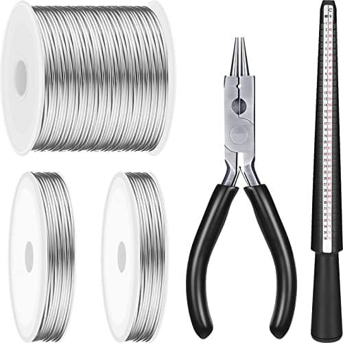 Jewelry Wire for Jewelry Making 18/20/22 Gauge Craft Wire with Pliers and Ring Sizer Beadingaluminum Craft Wire(3 Rolls,Silver,1 mm, 0.8 mm, 0.6 mm (25 m))