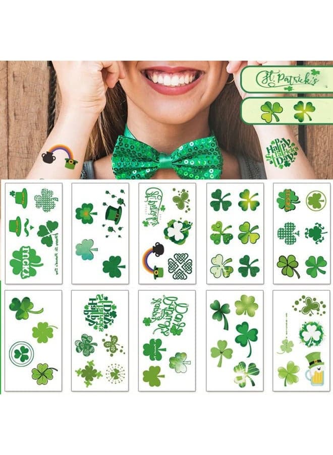 St. Patrick'S Day Tattoos Shamrock Temporary Tattoo Sticker Waterproof Clover Lucky Tattoos for Adults Kids Saint Patricks Day Costume Party Decor Supplies on Face Body 10 Sheets.