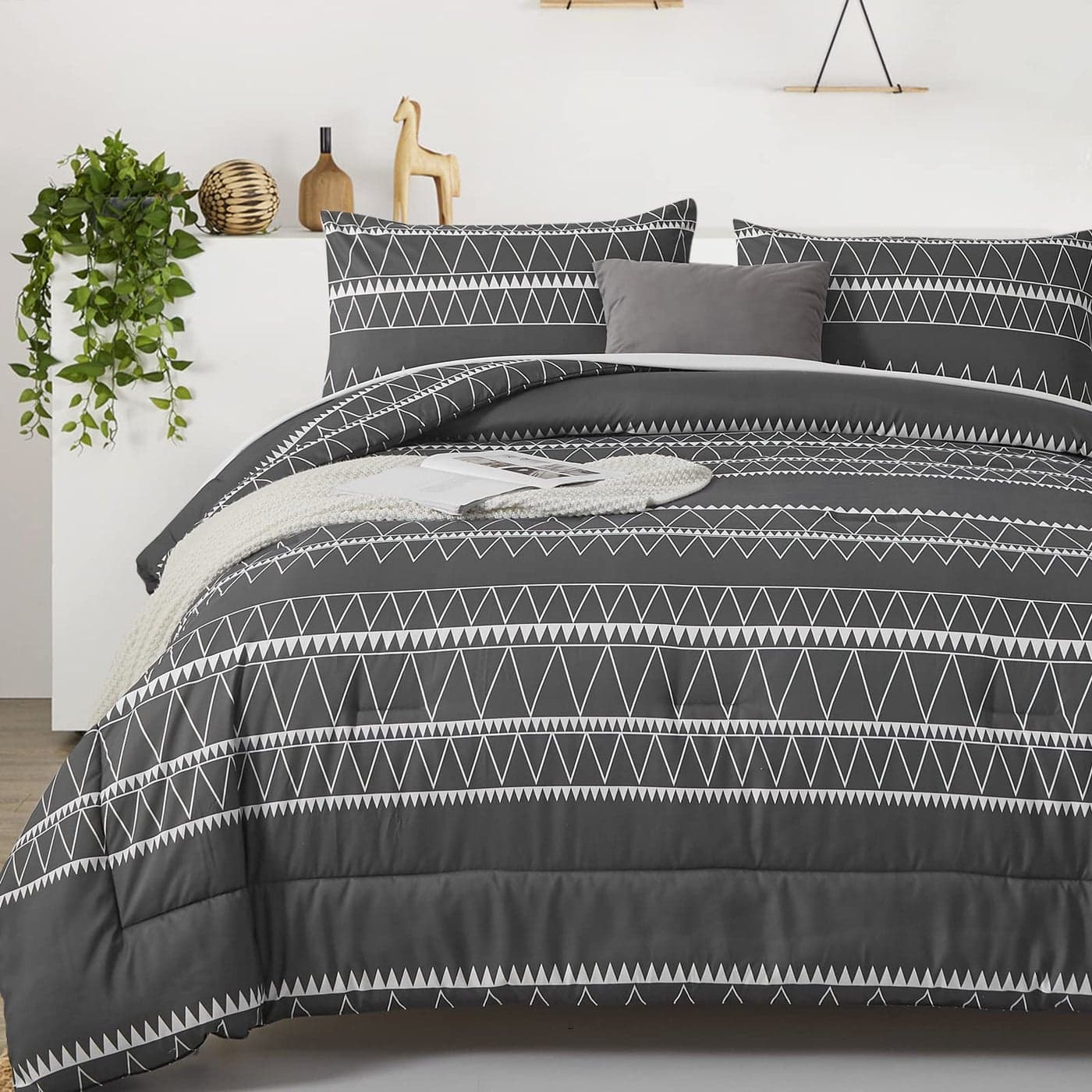 WONGS BEDDING Dark Grey Comforter Set Queen Boho Reversible Gray Bedding Set 3 Pieces 1 Striped Comforter 2 Pillowcases Microfiber Down Alternative for Queen Bed 9090