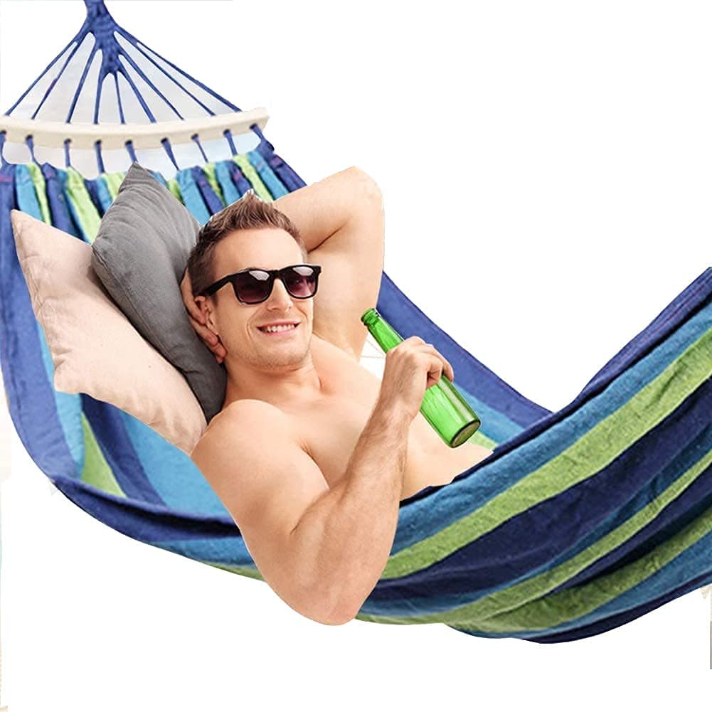 Baskety Camping Hammock Striped Canvas Fabric Portable Garden Hammocks Ultralight Outdoor Beach Swing Bed with Strong Rope 280 100 cm Blue