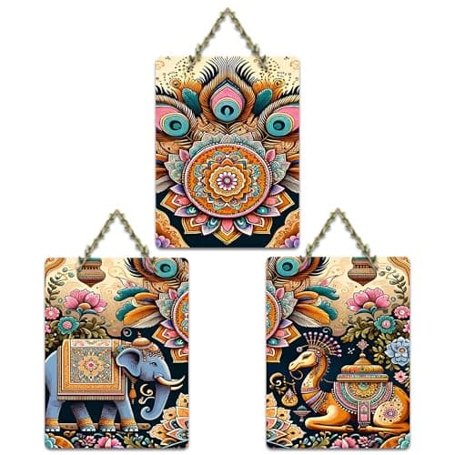 Artvibes Royal Rides Kalamkari Art Decorative Wall Art MDF Wooden Wall Hanger for Home | Room Decoration | Handcrafted Art | Wall Illustrations | Artworks Hangings | Gift Items (WH_96167N), Set of 3