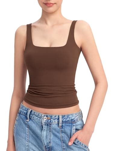 PUMIEY Tank Top for Women Square Neck Sleeveless Basic Workout Tank Tops, Chocolate X-Small