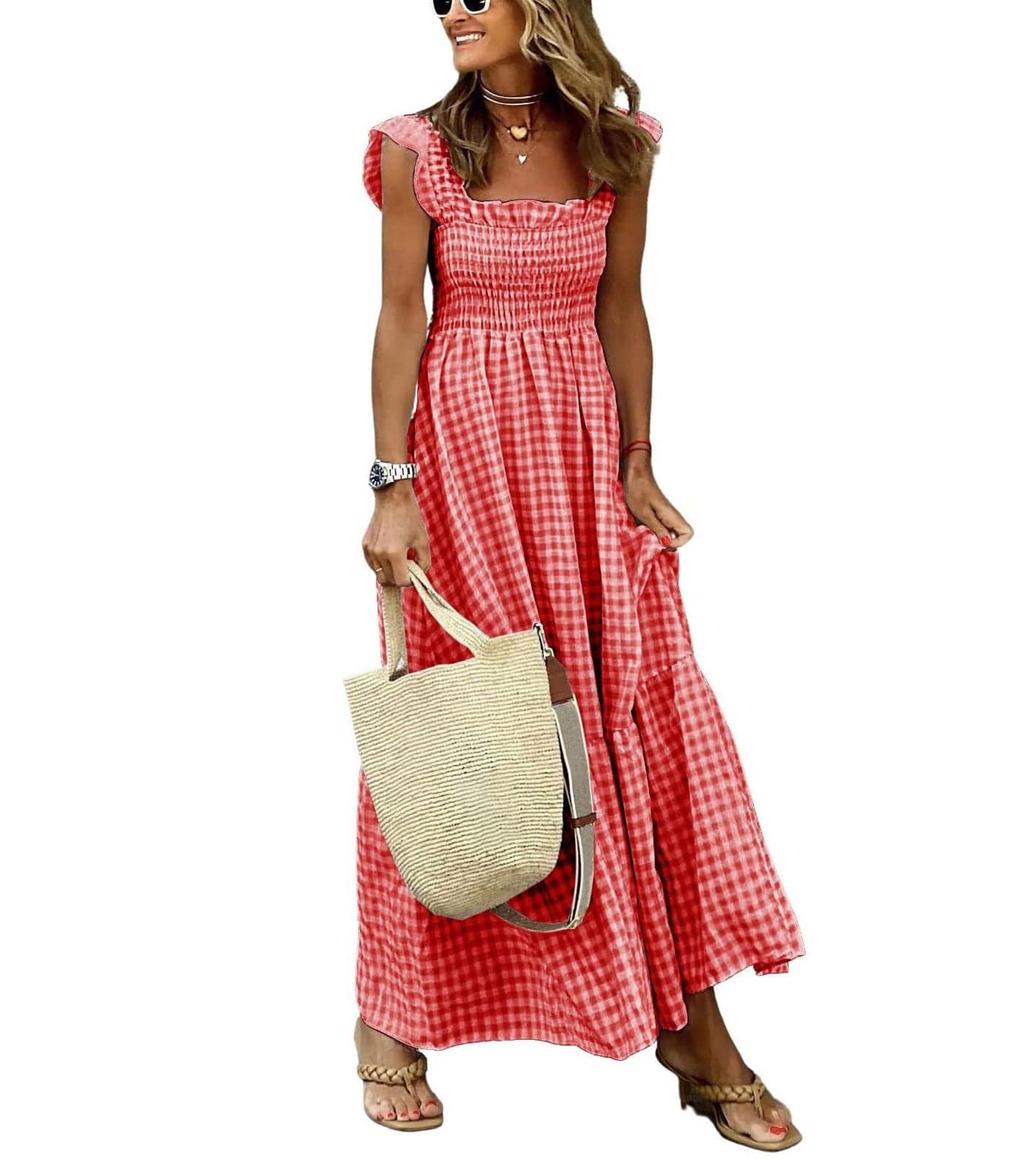 chouyatou Women's Retro Plaid Smocked Dress Spaghetti Strap Flounce Long Dress (X-Small, Red)