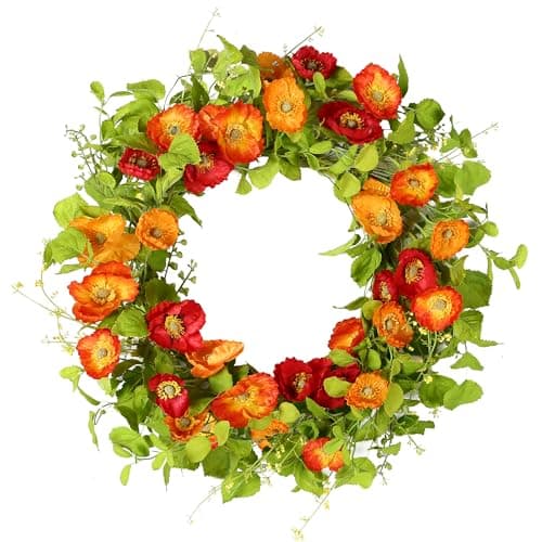 YNYLCHMX 18" Spring Summer Wreaths for Front Door, Artificial Floral Wreath with Purple Pansy Flowers Green Eucalyptus Leaves, Green Foliage Wreath for Wall Window Farmhouse Party Holiday Home Decor