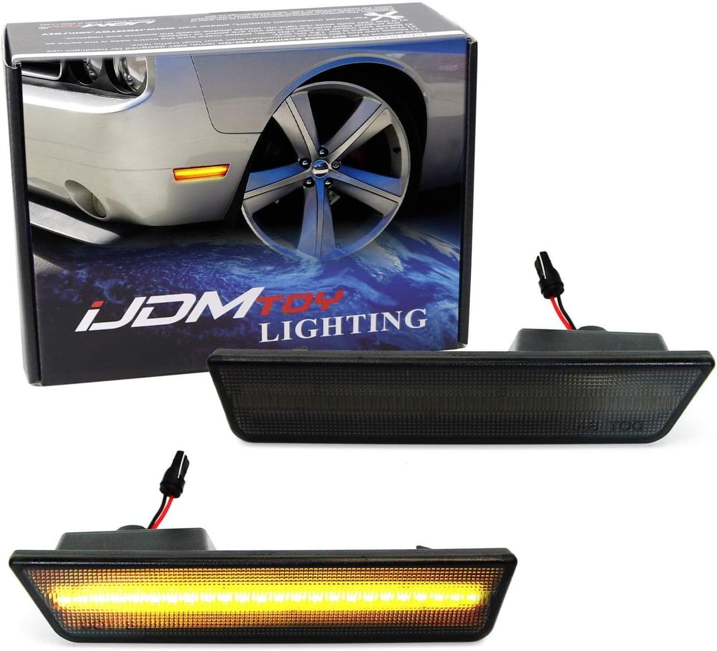 iJDMTOY Smoked Lens Front Side Marker Lamps with 24-SMD Amber LED Lights for 2008-2014 Dodge Challenger