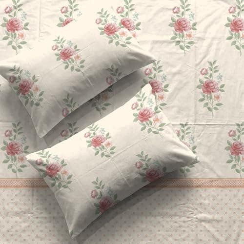 Urban Space Serene 100% Cotton Bedsheet for Double Bed, Floral Queen Size Bed Sheet with 2 Pillow Covers (88 x 100 Inches, Vintage Rose Buttercream)