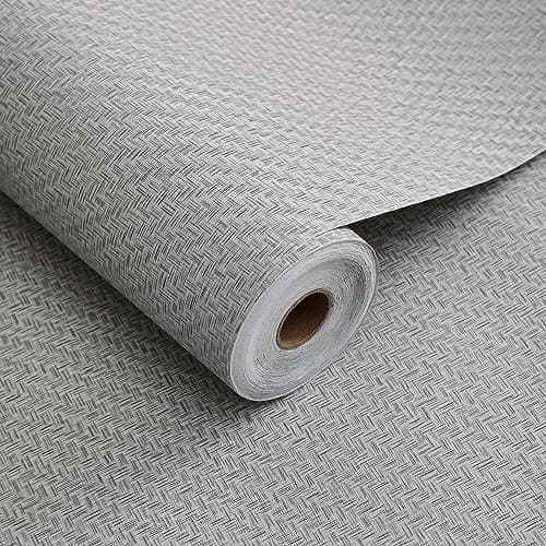 Haimin Fabric Wallpaper Textured Contact Paper (24in X 393in) Gray Grasscloth Wallpaper Peel and Stick Faux Linen Wall Paper Self-Adhesive Vinyl Looks Like Woven Straw